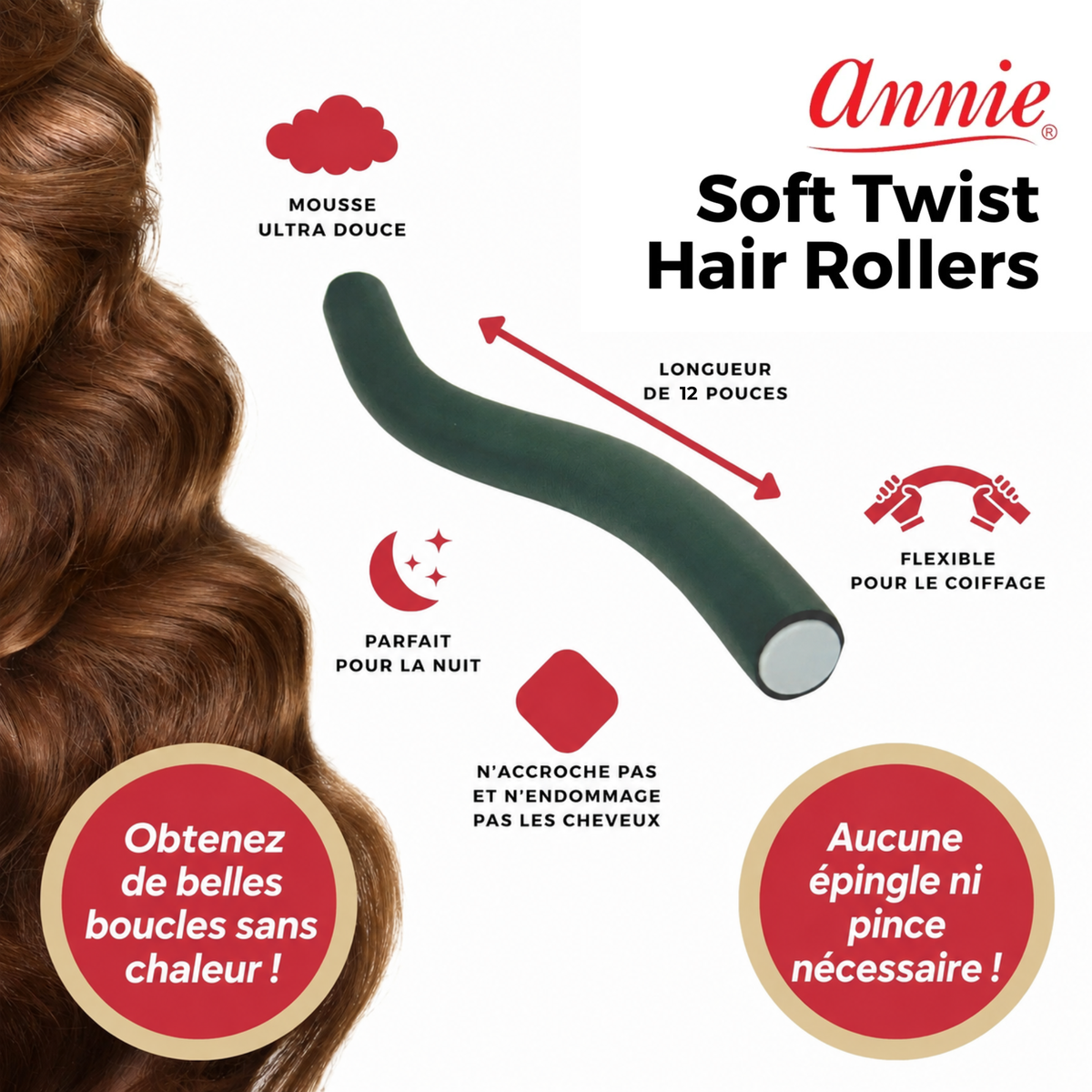 ANNIE - ROULEAUX SOUPLES FLEXIBLES 12 PO POUR BOUCLES SANS CHALEUR